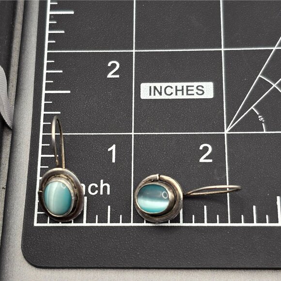 SEZGIN Sterling Silver Drop Earrings 1" Blue Cat’s Eye Signed 925 Oval 4.35g - Picture 11 of 12